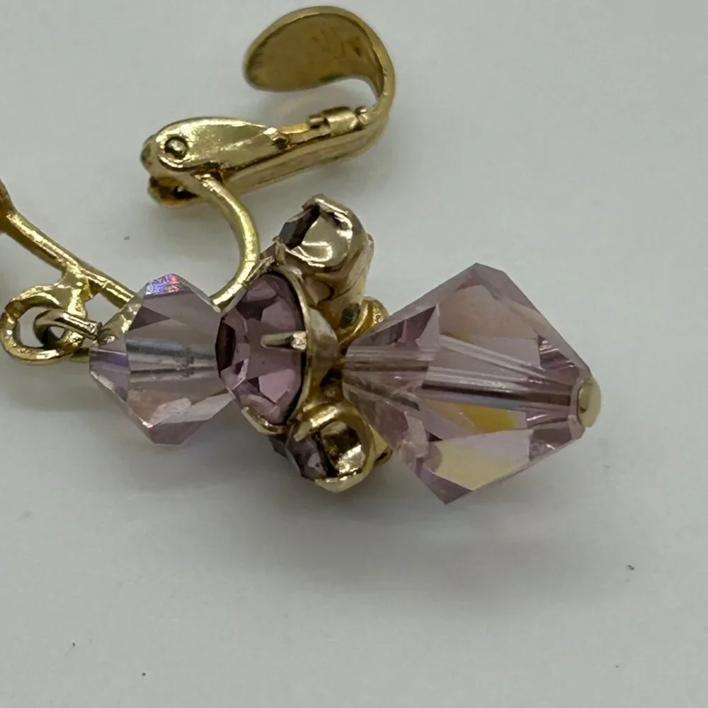 Vintage Aurora Borealis Dangle Earrings Crystal Pink Iridescent Faceted Goldtone - Picture 8 of 15